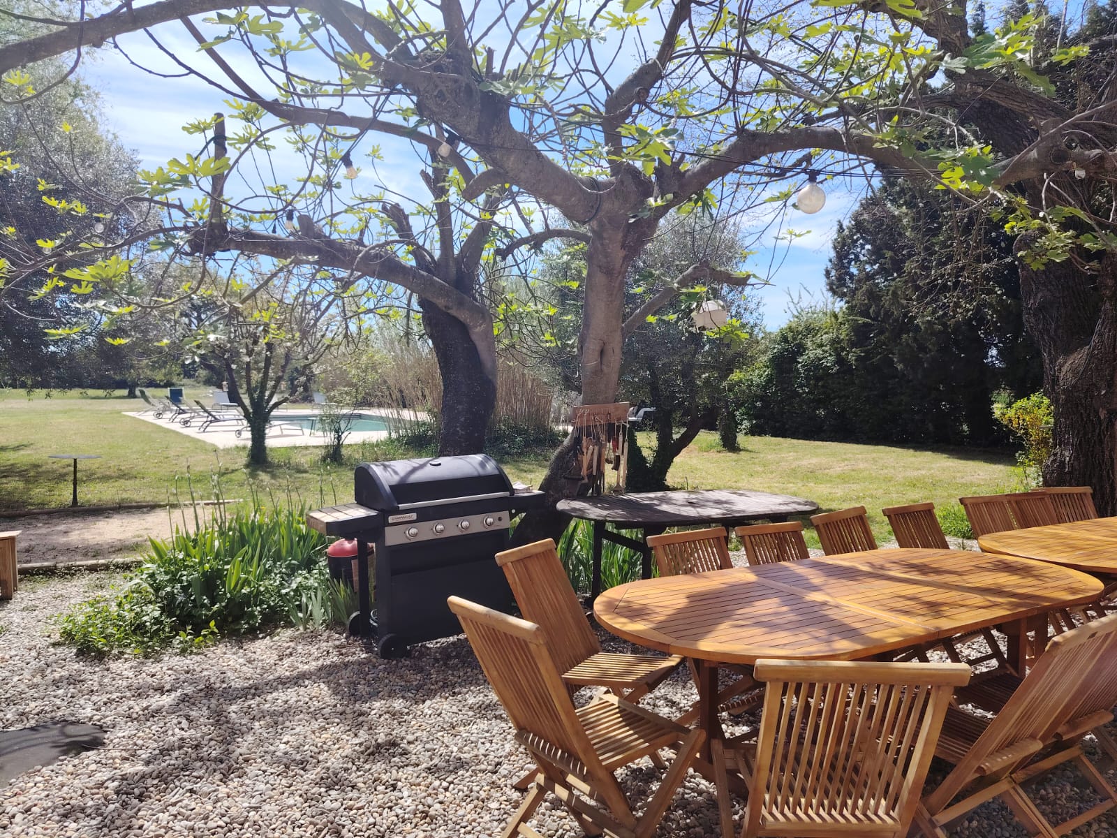 Le barbecue à gaz et la grande table dans le jardin du Mas